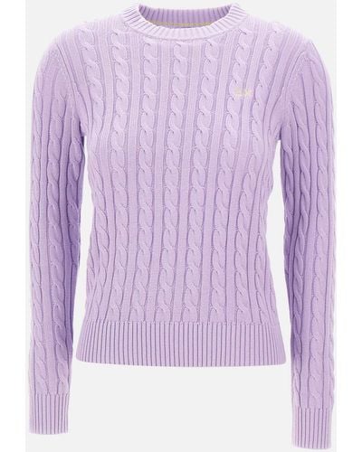 Sun 68 Round Neck Cable Cotton Sweater - Purple