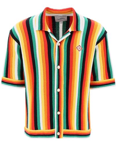 Casablancabrand Striped Knit Bowling Shirt With Nine Words - Orange