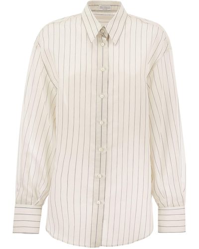 Brunello Cucinelli Sparkling Stripe Cotton Silk Poplin Shirt Met Ketting - Wit