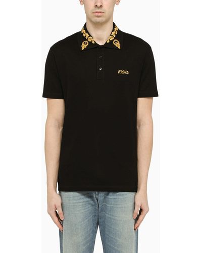 Versace Black Polo Shirt With Printed Collar - Zwart