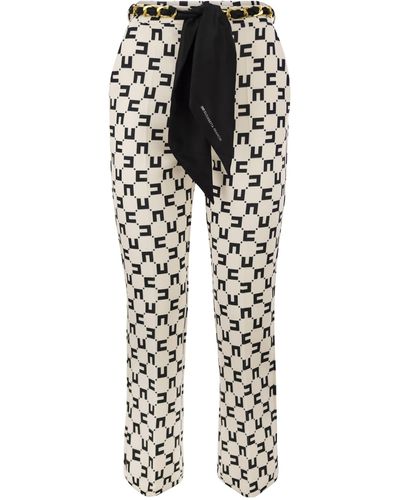 Elisabetta Franchi Logo Print Stretch Crepe Pants With Foulard Belt - White