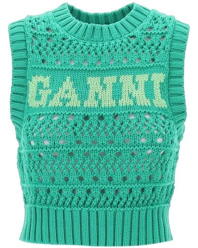 Ganni Open Stitch Gebreide Vest Met Logo - Groen