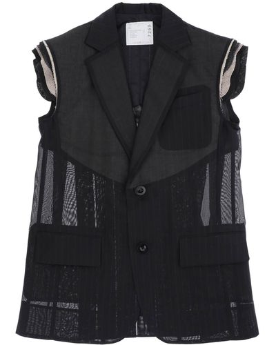 Sacai Striped Organza Vest For - Black