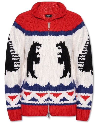DSquared² Printed Wool Cardigan - Red