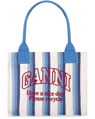 Ganni Blue Striped Tote Bag - Weiß