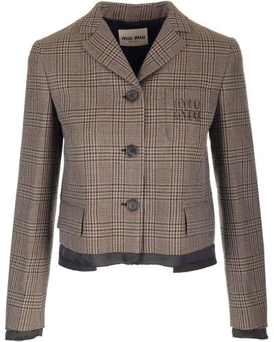 Miu Miu Check-Pattern Wool Jacket - Brown
