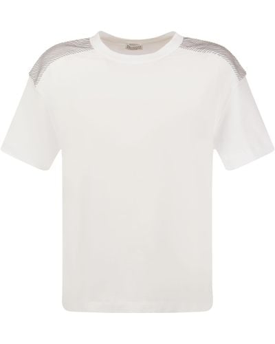 Brunello Cucinelli Stretch Cotton Jersey T -shirt Met Glanzende Schouders - Wit