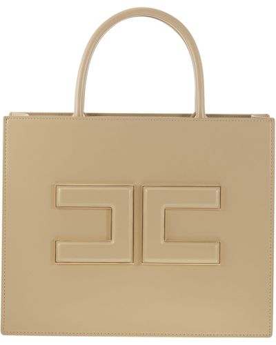 Elisabetta Franchi Medium Shopper With Logo Plaque - Natural