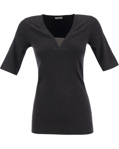 Brunello Cucinelli Stretch Cotton Rib Jersey T -shirt Met Kostbare Inzetstuk - Zwart