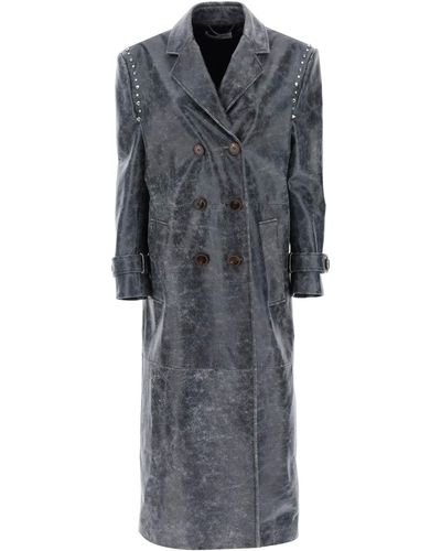 Alessandra Rich Oversized Leather Coat With Studs And Crystals - Gray