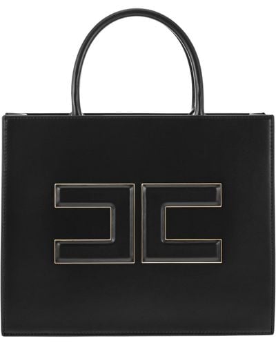 Elisabetta Franchi Medium Shopper With Logo Plaque - Black