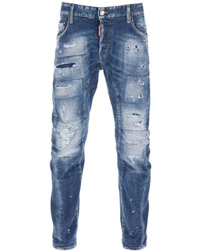 DSquared² DSQUARD2 Medium Rips Rips Wash Rise Biker Jeans - Bleu