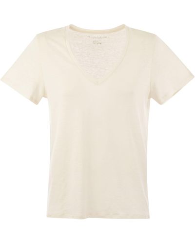 Majestic T-shirt de cou de lin majestueux en V avec manches courtes - Blanc