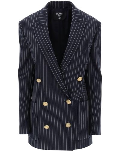 Balmain Blazer de doble pecho a rayas de - Azul