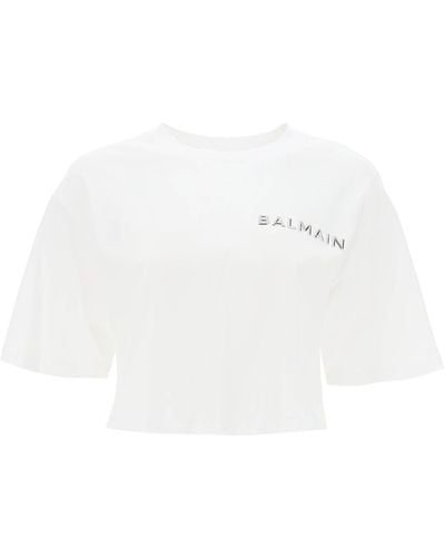 Balmain Camisa recortada con logotipo metálico - Blanco