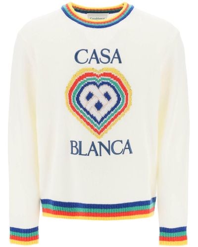 Casablancabrand Pullover Rainbow Heart In Lana Vergine - Bianco