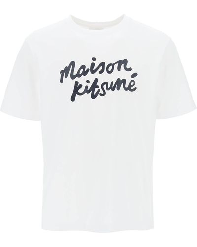 Maison Kitsuné T -Shirt mit Logo in der Handschrift - Weiß