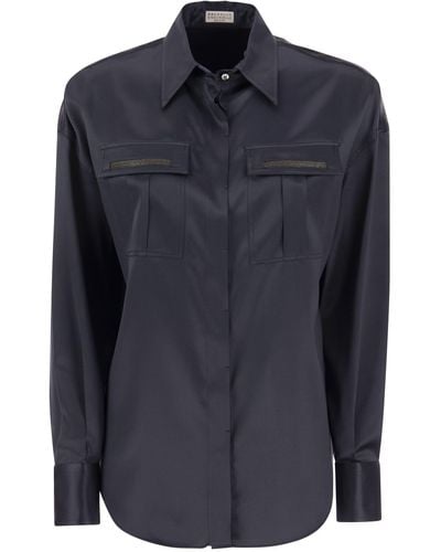 Brunello Cucinelli Stretch Silk Satijnen Shirt Met Glanzende Zakken - Blauw