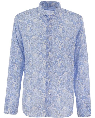 Fedeli Printed Stretch Cotton Voile Shirt - Blue