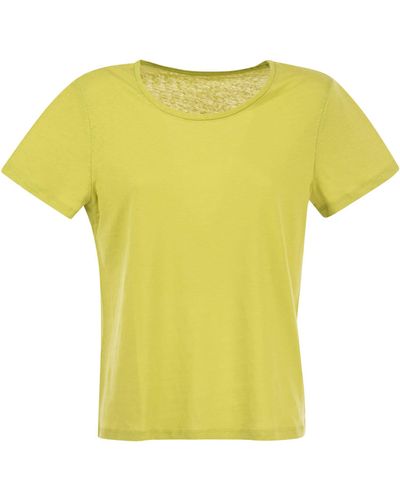 Majestic Crew Neck T Shirt In Linen And Short Sleeve - Yellow