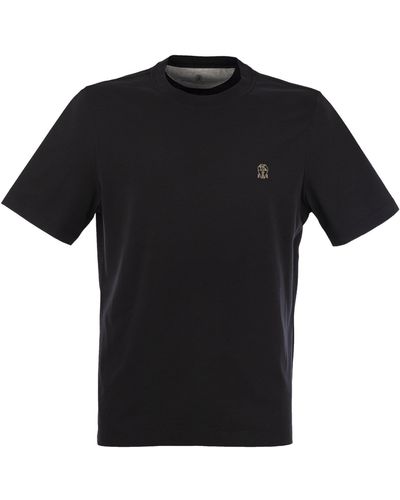 Brunello Cucinelli Slim Fit Crew Neck T -shirt In Katoentrui Met Logo - Zwart