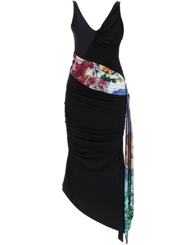 Marine Serre Dress In Draped Jersey With Contrasting Sash - Black