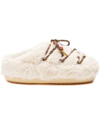 Moon Boot Faux Fur Mules With Beads - White