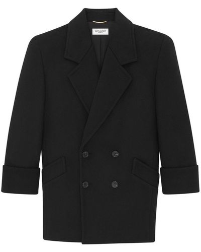 Saint Laurent Zweireihiger Mantel aus Wolle - Schwarz