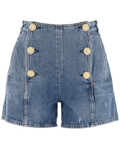 Balmain "Striped Denim Shorts With Embossed Buttons - Blue