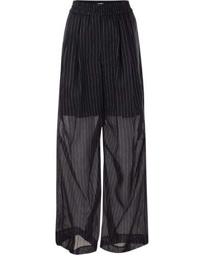 Brunello Cucinelli Stripe Stripe Cotton Gauze Pantalon Loose - Noir