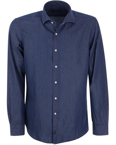 Fay Denim Shirt With French Collar - Blue