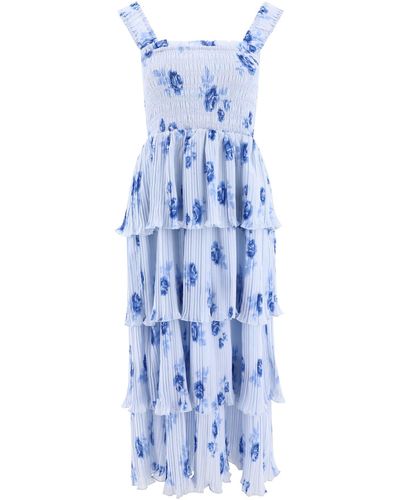 Ganni Pleated Dress With Ruffles - Blue