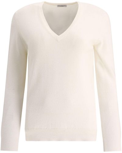 Brunello Cucinelli Cashmere Sweater With Monili - White