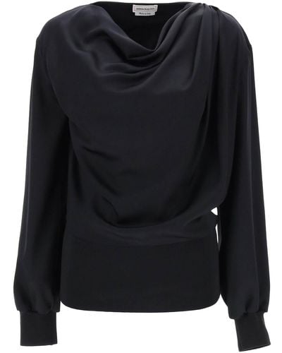 Alexander McQueen Gedrapeerde Blouse In Satijn - Zwart