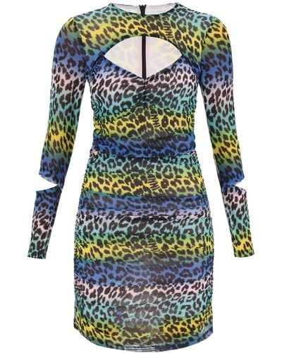 Ganni Multolored Leopard Print Mesh Minidress - Blauw