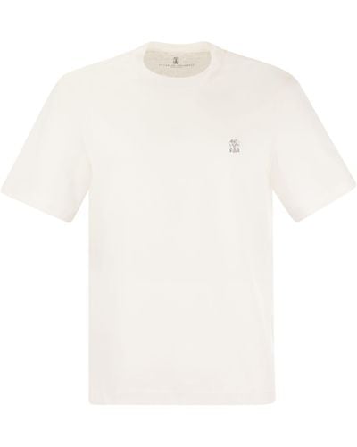 Brunello Cucinelli Slim Fit Crew Neck T -Shirt in Wattestäbejersey mit Logo - Weiß