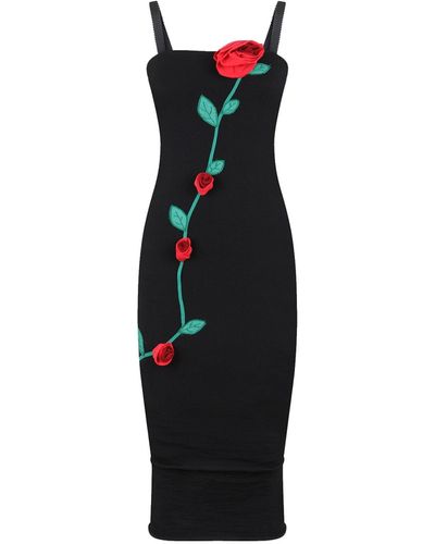 Dolce & Gabbana Rose Applique Midi Kleid - Schwarz