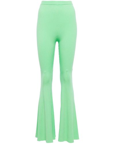 Self-Portrait Ribbed Knit Flared Pants - Green