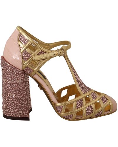 Dolce & Gabbana Pink Gold Leather Crystal Pumps T-Riemen-Schuhe - Mehrfarbig