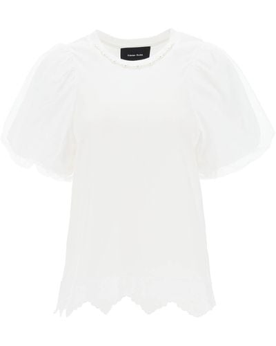 Simone Rocha T Shirt Con Ricami E Maniche A Sbuffo - Bianco