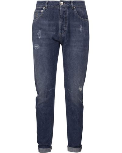 Brunello Cucinelli Five Pocket Leisure Fit Pants In Old Denim With Rips - Blue
