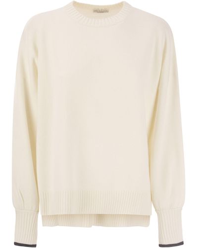 Brunello Cucinelli Cashmere Knit With Shiny Contrast Cuffs - Natural