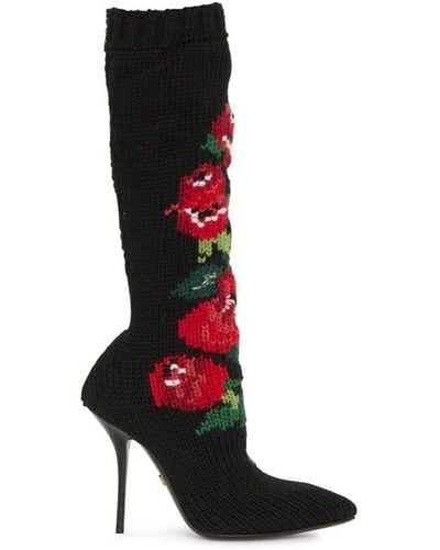 Dolce & Gabbana Wool Flower Boots - Zwart