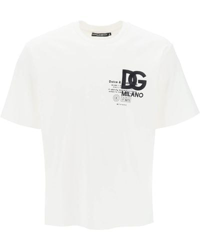 Dolce & Gabbana Baumwoll-T-Shirt Mit Print Und Dg-Logostickerei - Weiß