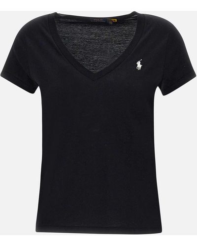 Polo Ralph Lauren Cotton V Neck T Shirt Embroidered Logo - Black