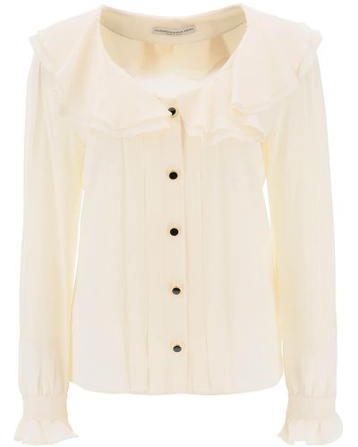 Alessandra Rich Crepe De Chine Blouse With Frills - Natural