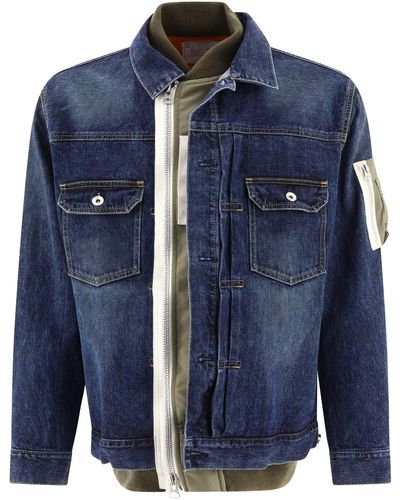 Sacai Denim Jas Met Nylon Inserts - Blauw