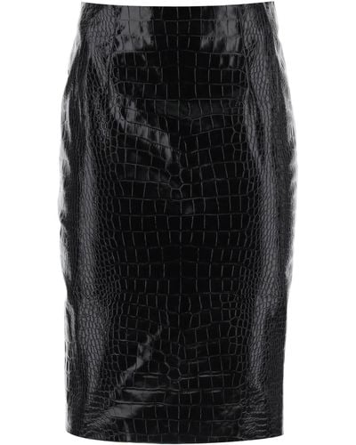 Versace Croco Effect Falda de lápiz de cuero - Negro