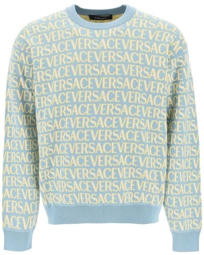 Versace Pullover Monogram In Cotone - Blu