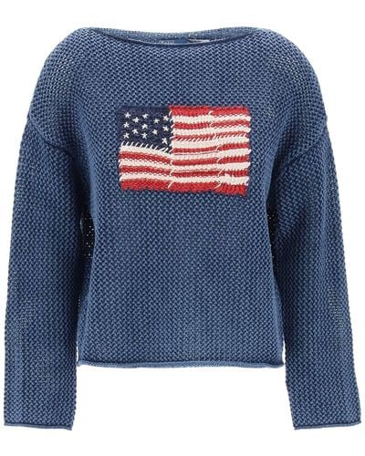 Polo Ralph Lauren "Pointelle en tricot avec drapeau brodé - Bleu